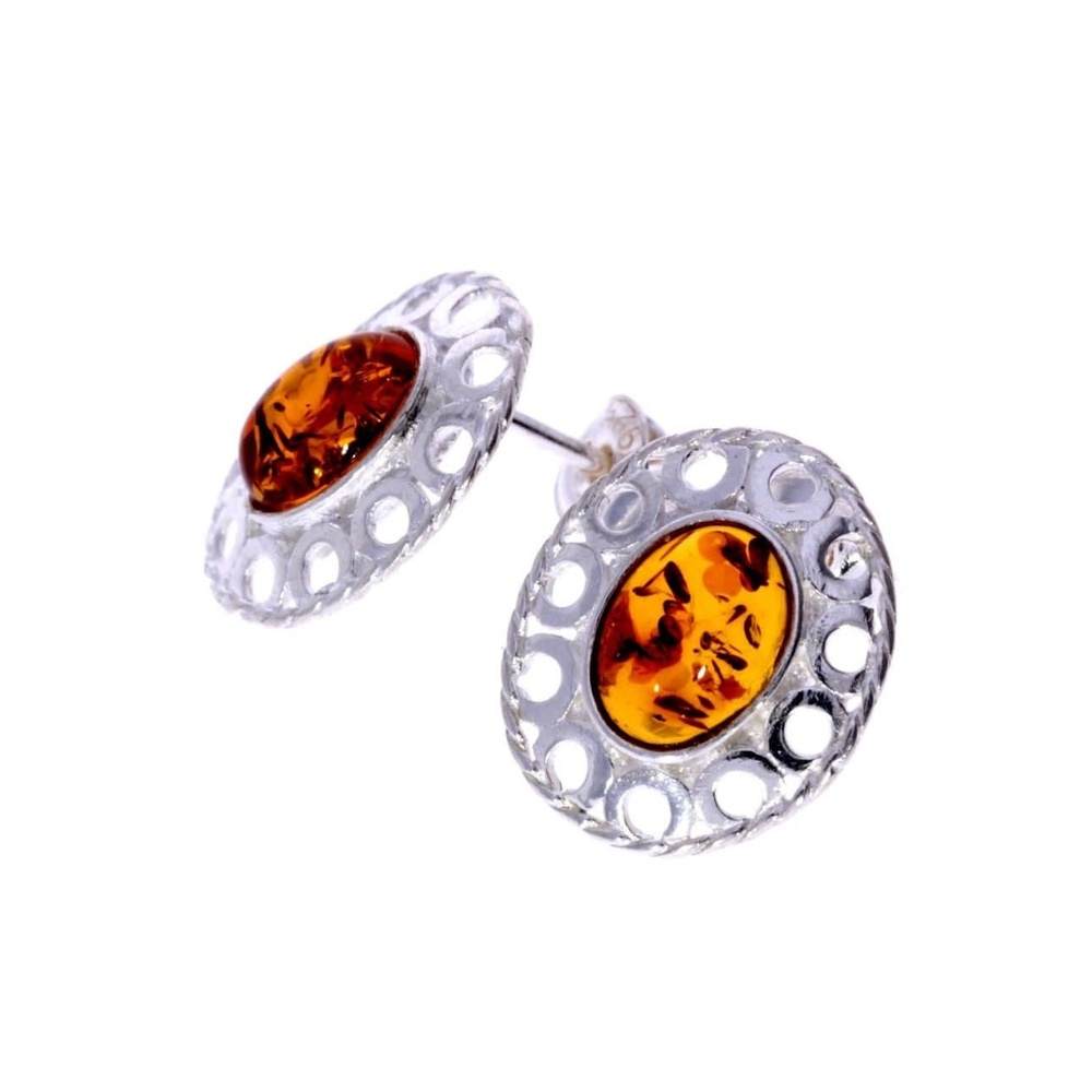 925 Sterling Silver & Genuine Baltic Amber Classic Oval Studs Earrings - K172