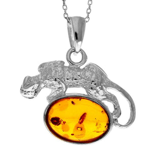 925 Sterling Silver & Genuine Baltic Amber Modern Lizard Pendant K211