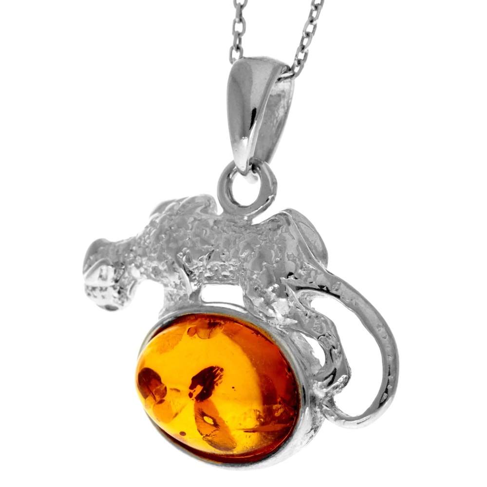 925 Sterling Silver & Genuine Baltic Amber Modern Lizard Pendant K211