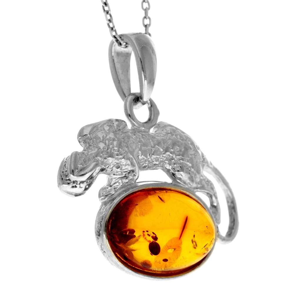 925 Sterling Silver & Genuine Baltic Amber Modern Lizard Pendant K211