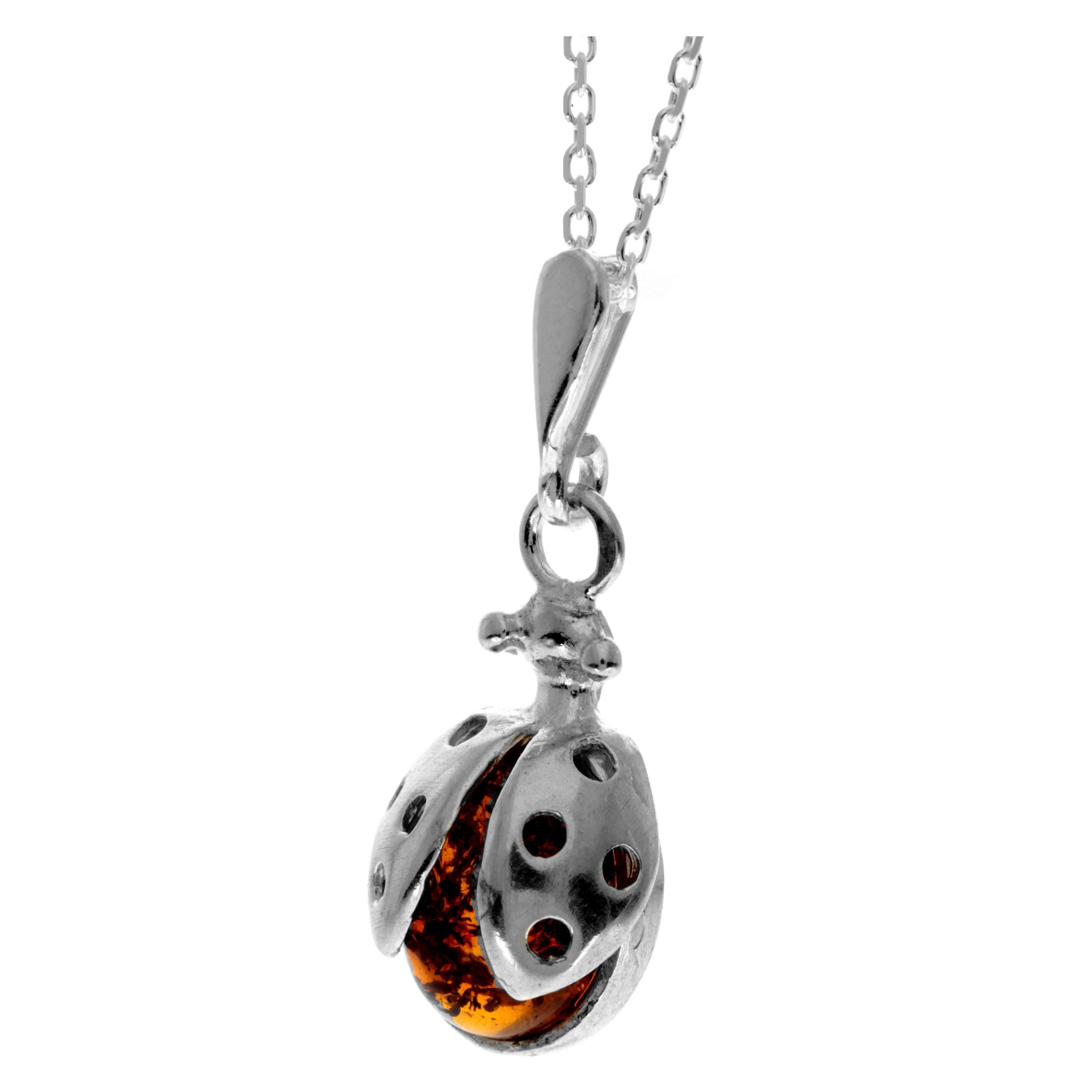 925 Sterling Silver & Genuine Baltic Amber Cute Ladybird Pendant- K226