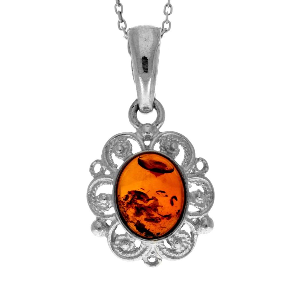 925 Sterling Silver & Genuine Baltic Amber Classic Oval Pendant - K271