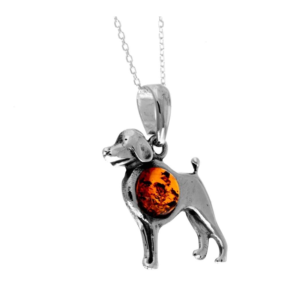 925 Steling Silver & Genuine Baltic Amber Dog Pendant K358C