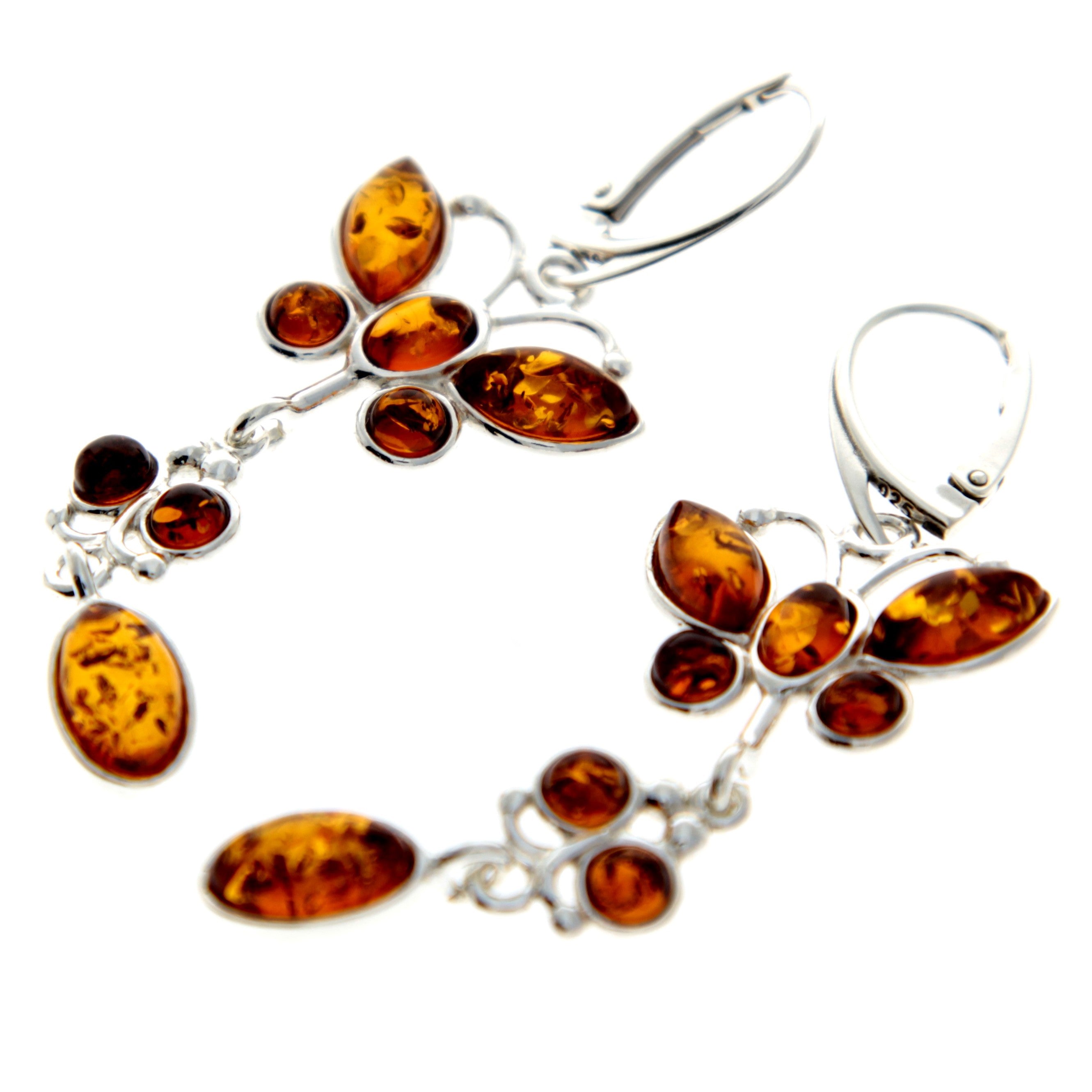 925 Sterling Silver & Genuine Baltic Amber Butterfly Earrings - M063