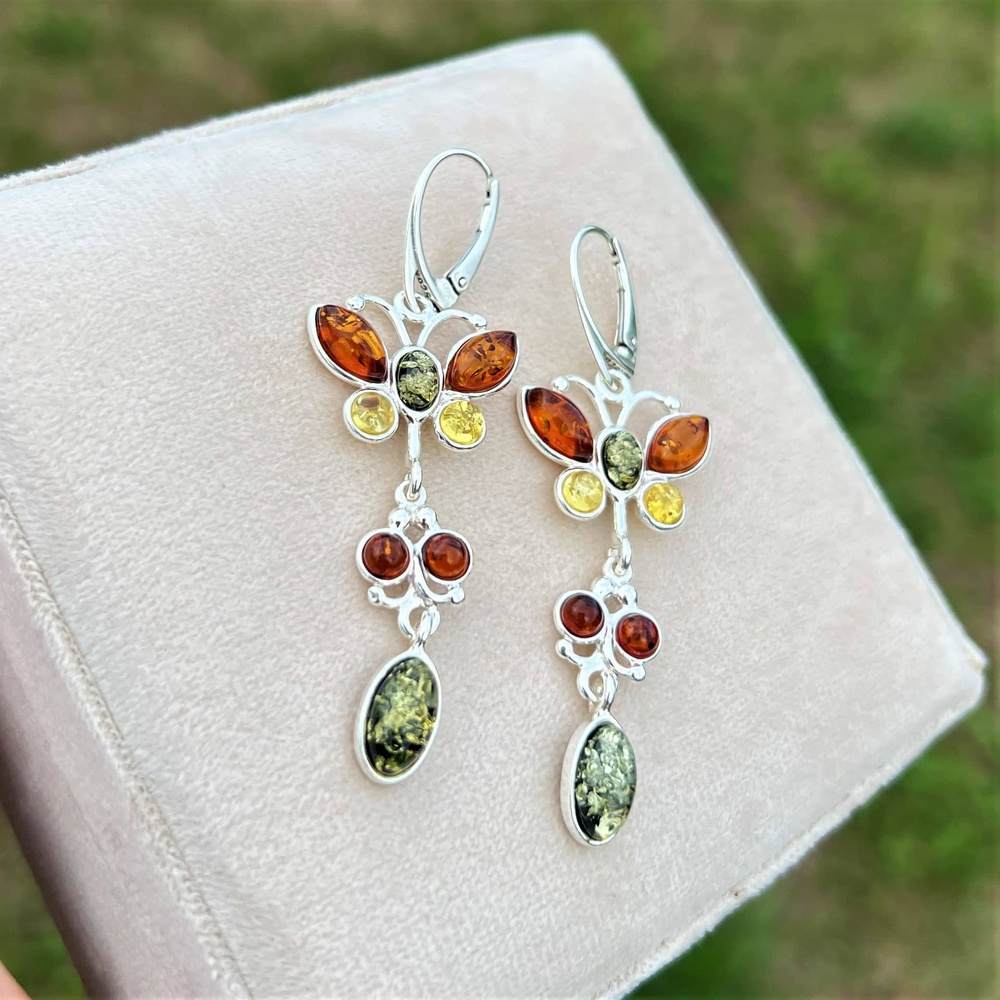 925 Sterling Silver & Genuine Baltic Amber Butterfly Earrings - M063