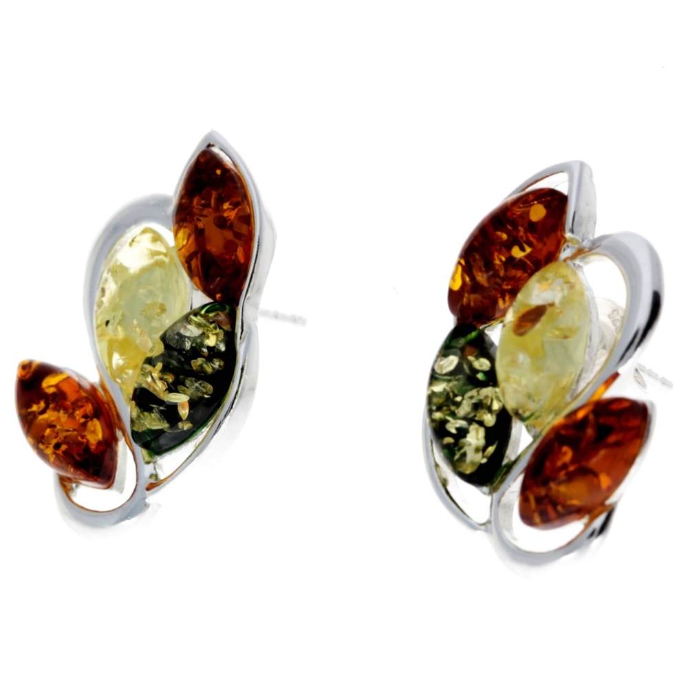 925 Sterling Silver & Genuine Baltic Amber Modern Studs Earrings - M186