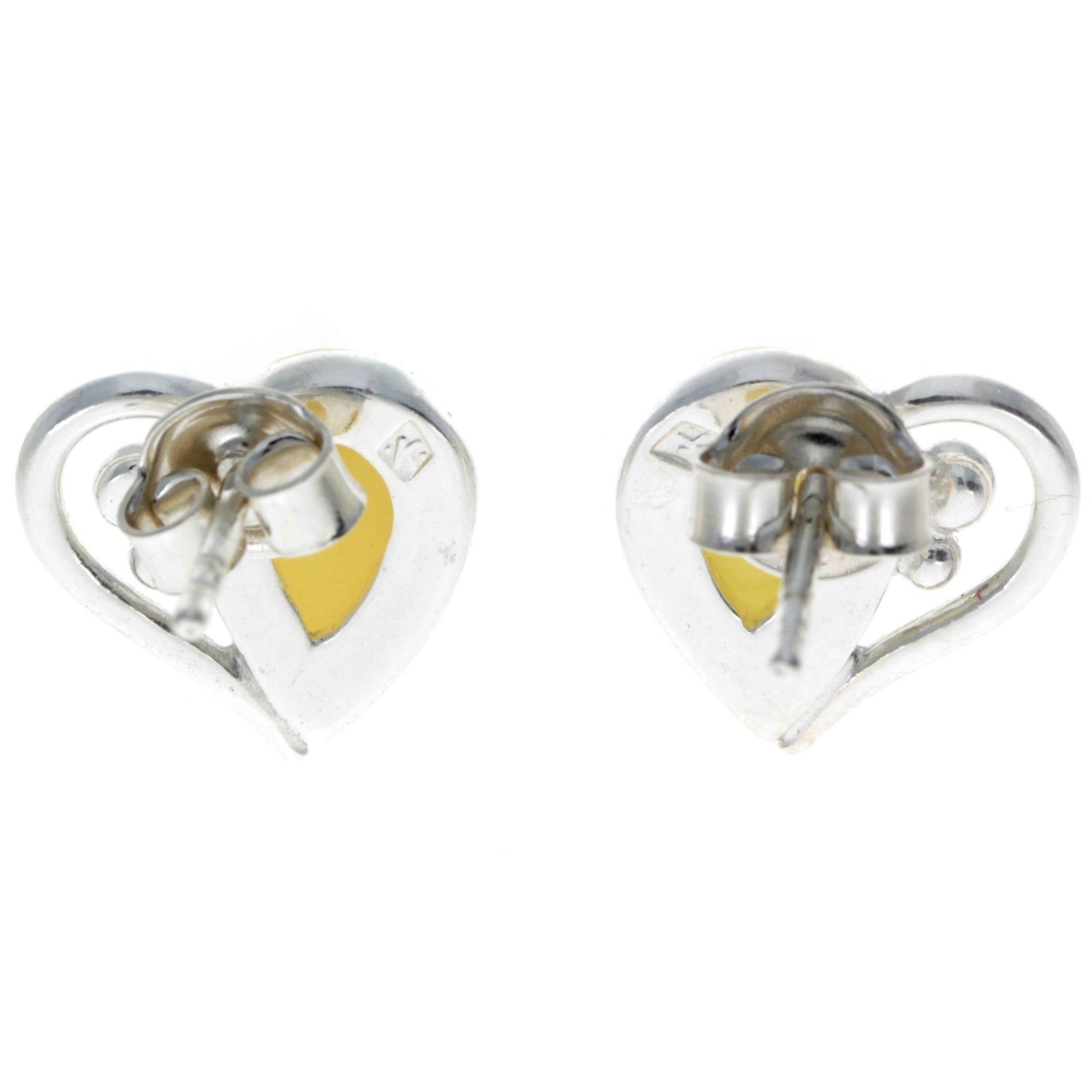 925 Sterling Silver & Baltic Amber Heart Studs Earrings - M194