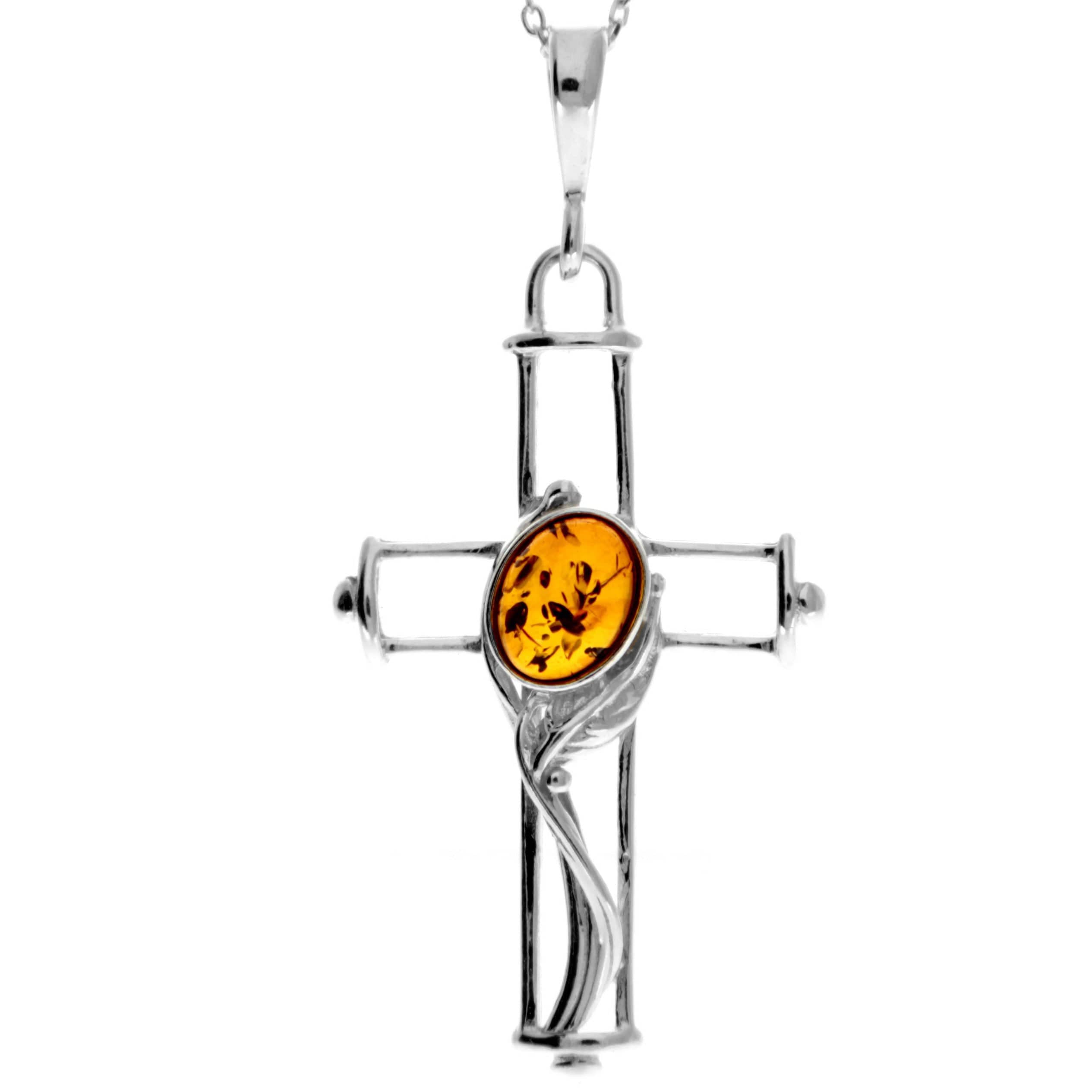 925 Sterling Silver & Genuine Baltic Amber Cross Pendant - M330