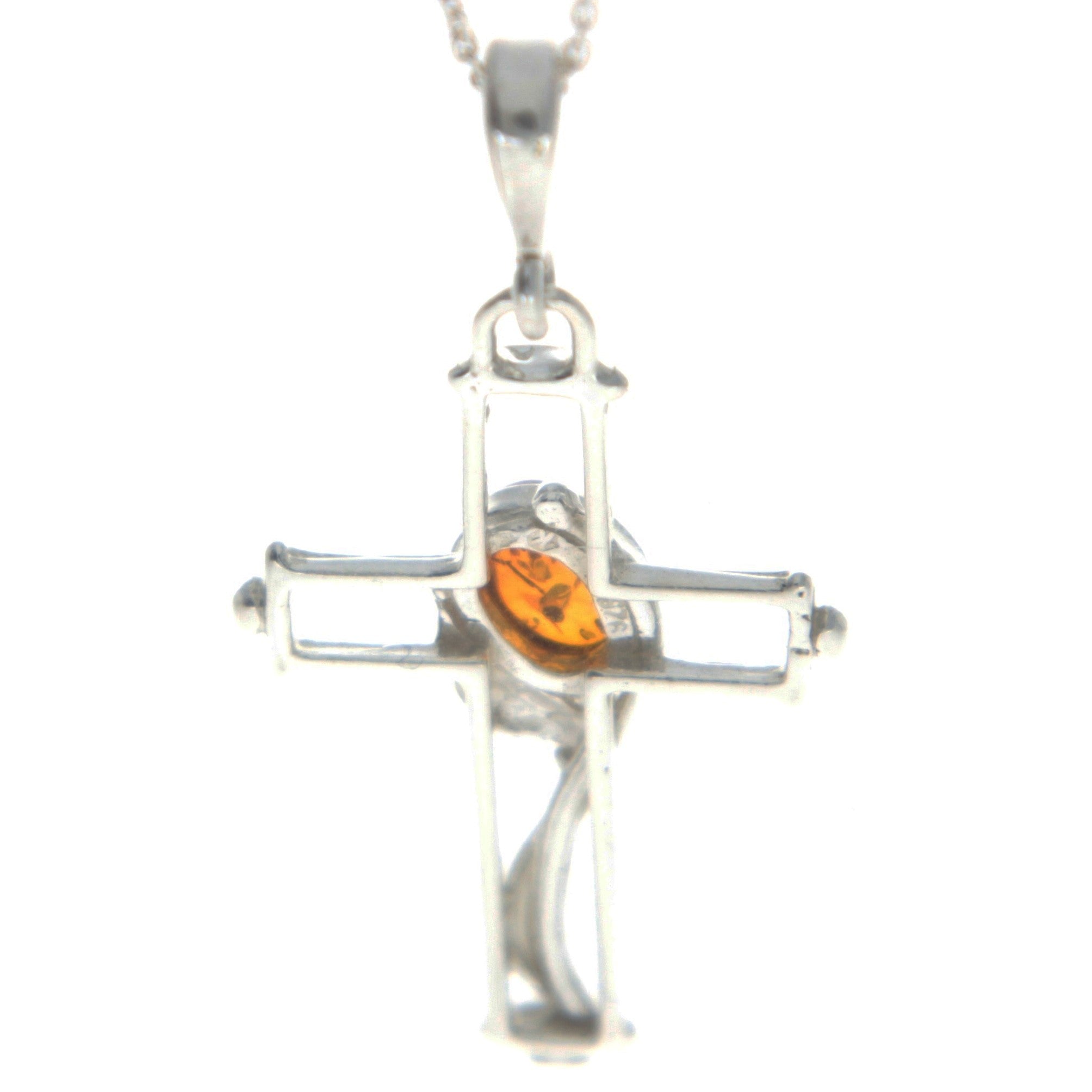 925 Sterling Silver & Genuine Baltic Amber Cross Pendant - M330
