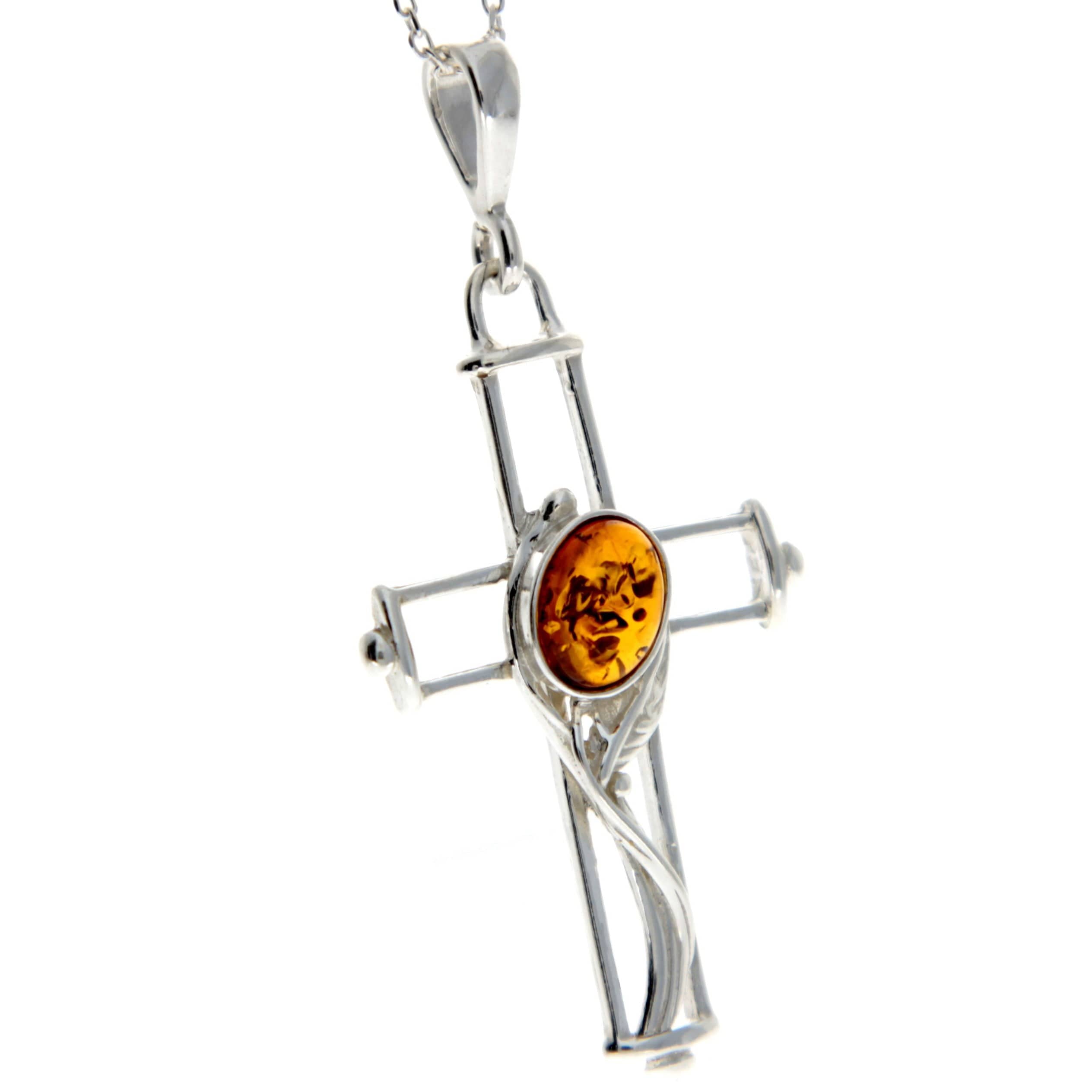 925 Sterling Silver & Genuine Baltic Amber Cross Pendant - M330