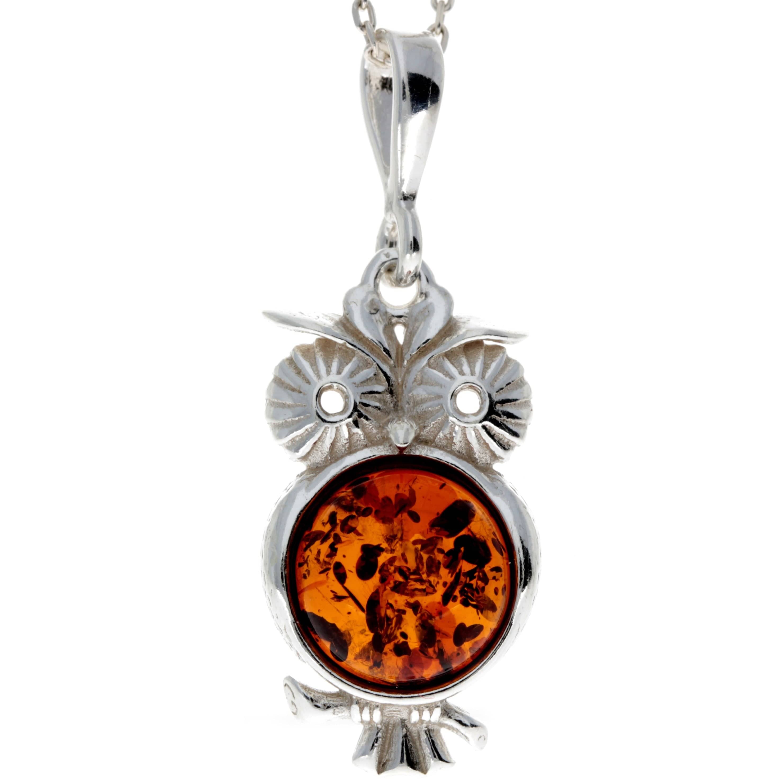 925 Sterling Silver & Genuine Baltic Amber Owl Pendant - M393