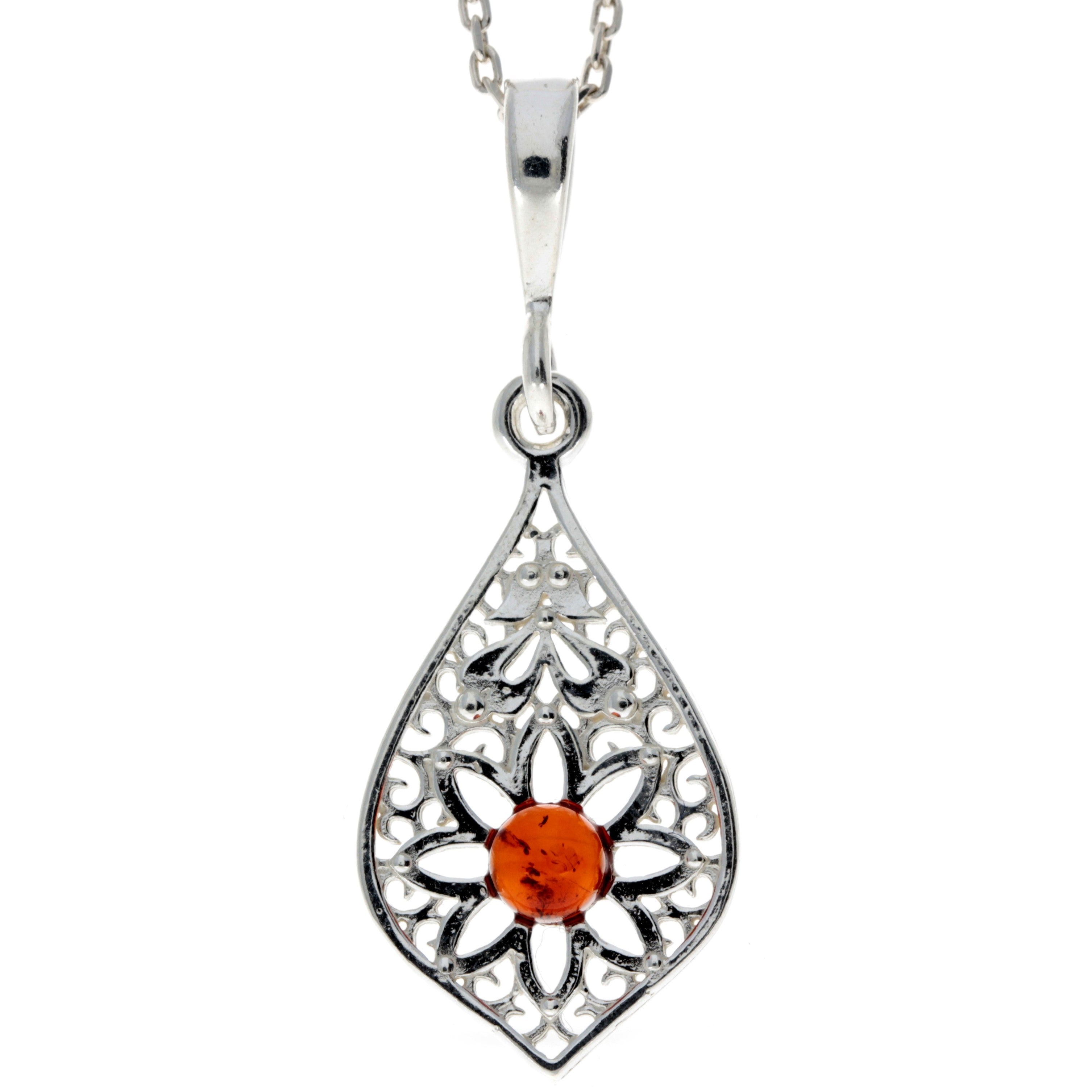 925 Sterling Silver & Genuine Baltic Amber Modern Star / Flower Pendant - M399