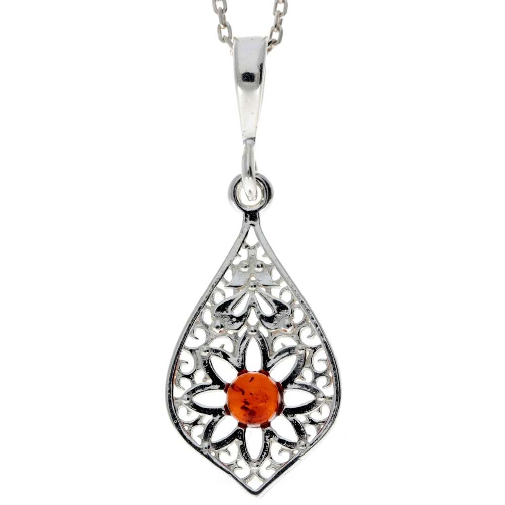 925 Sterling Silver & Genuine Baltic Amber Modern Star / Flower Pendant - M399