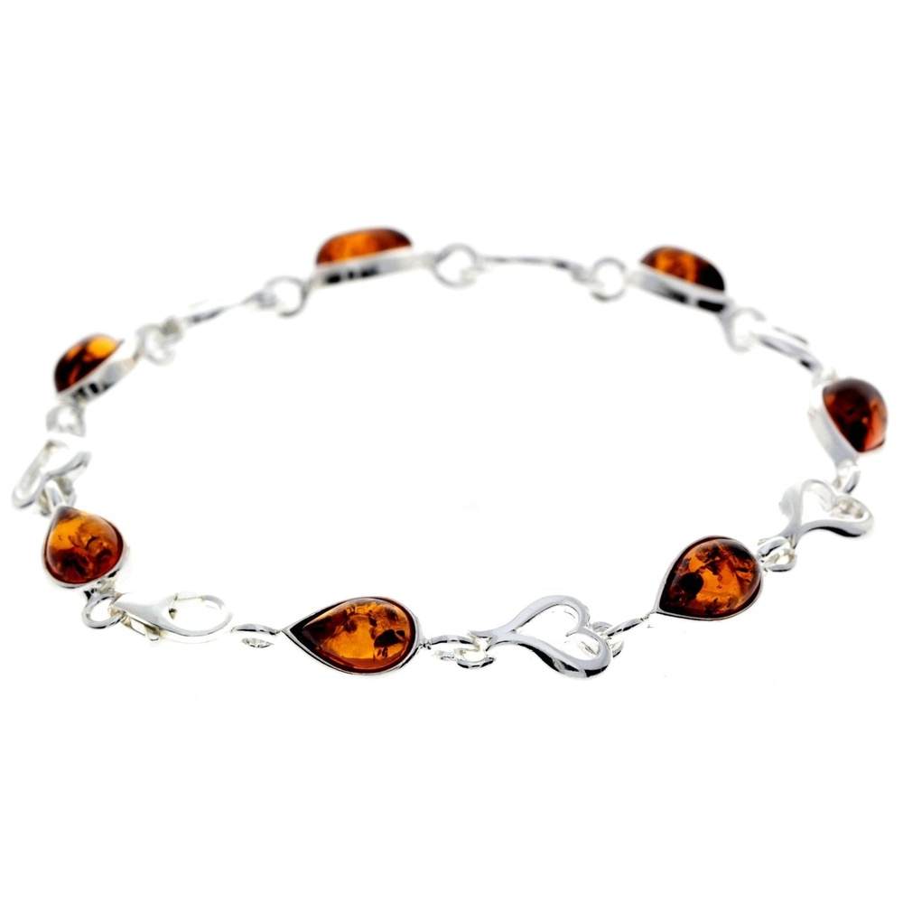 925 Sterling Silver & Genuine Baltic Amber Classic Link Hearts Bracelet - M519