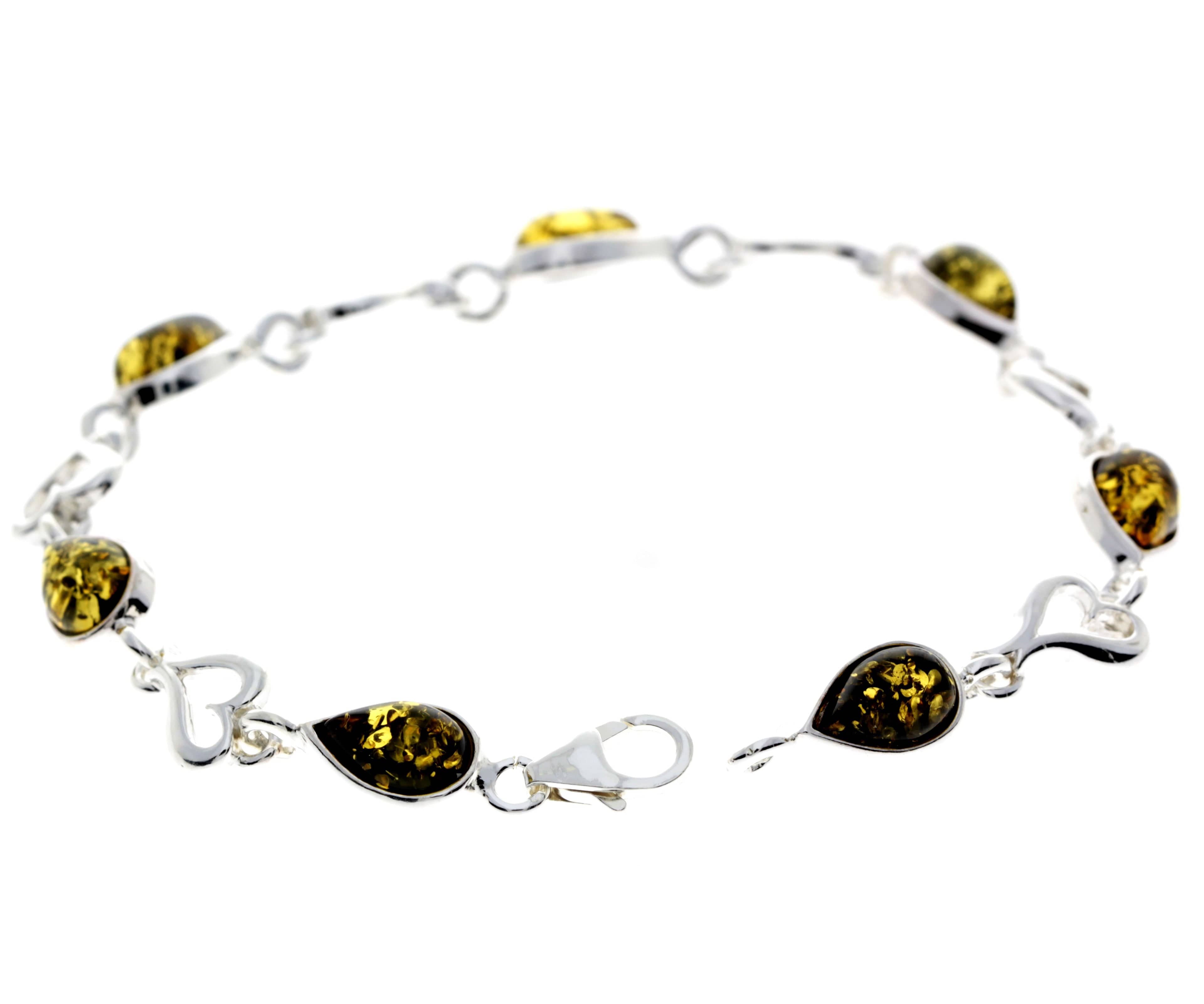 925 Sterling Silver & Genuine Baltic Amber Classic Link Hearts Bracelet - M519
