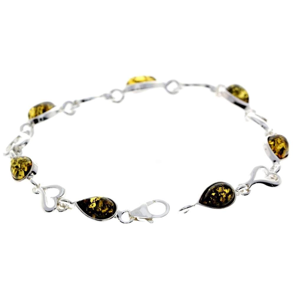 925 Sterling Silver & Genuine Baltic Amber Classic Link Hearts Bracelet - M519