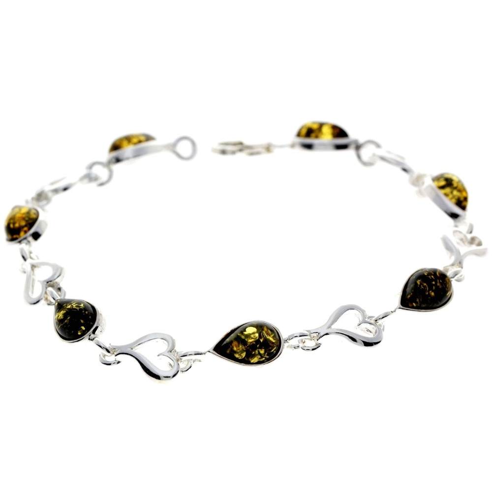 925 Sterling Silver & Genuine Baltic Amber Classic Link Hearts Bracelet - M519