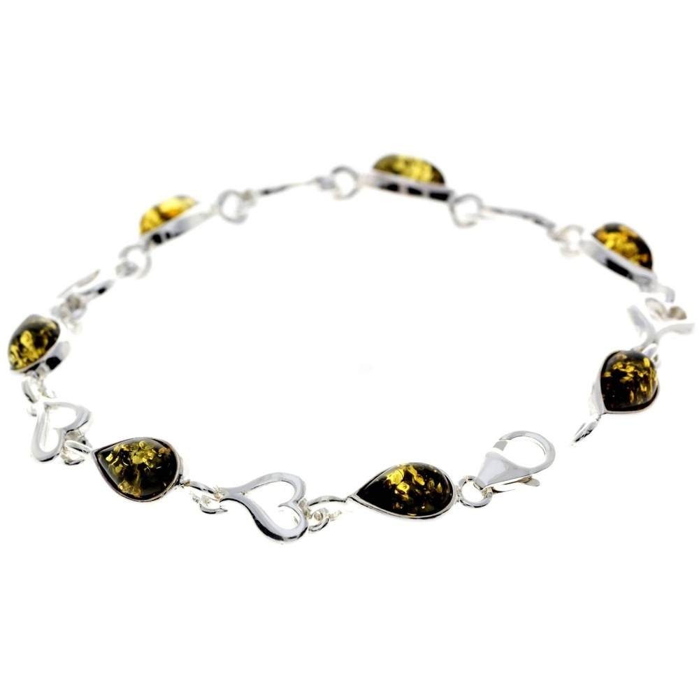 925 Sterling Silver & Genuine Baltic Amber Classic Link Hearts Bracelet - M519