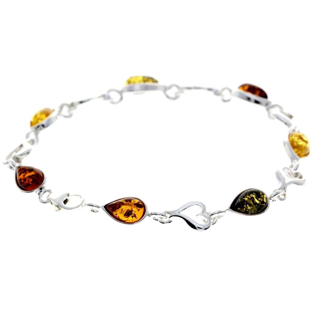 925 Sterling Silver & Genuine Baltic Amber Classic Link Hearts Bracelet - M519