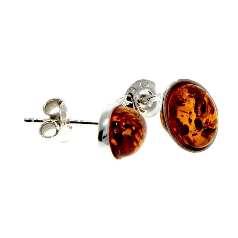 Designer Silver & Amber Stud Earrings in Cognac - SilverAmberJewellery