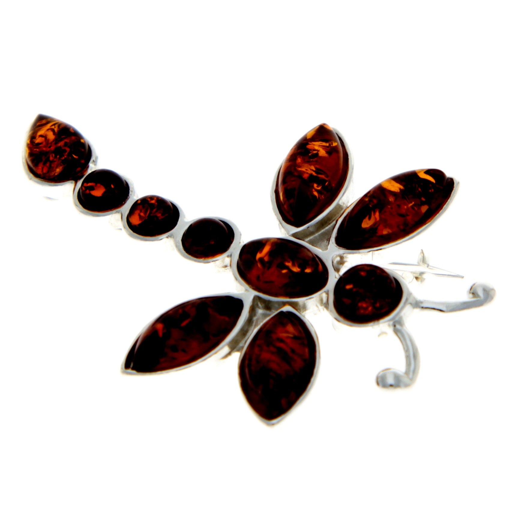 925 Sterling Silver & Genuine Baltic Amber Dragonfly Brooch - M818
