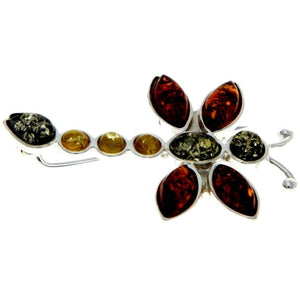 925 Sterling Silver & Genuine Baltic Amber Dragonfly Brooch - M818