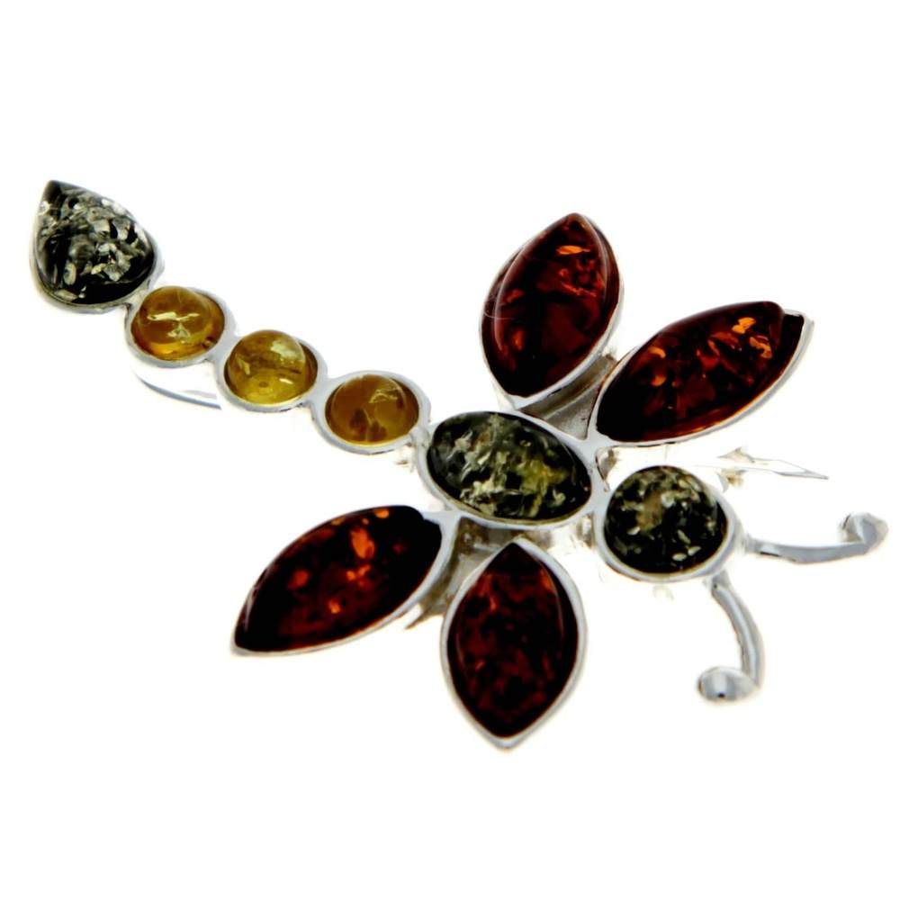 925 Sterling Silver & Genuine Baltic Amber Dragonfly Brooch - M818