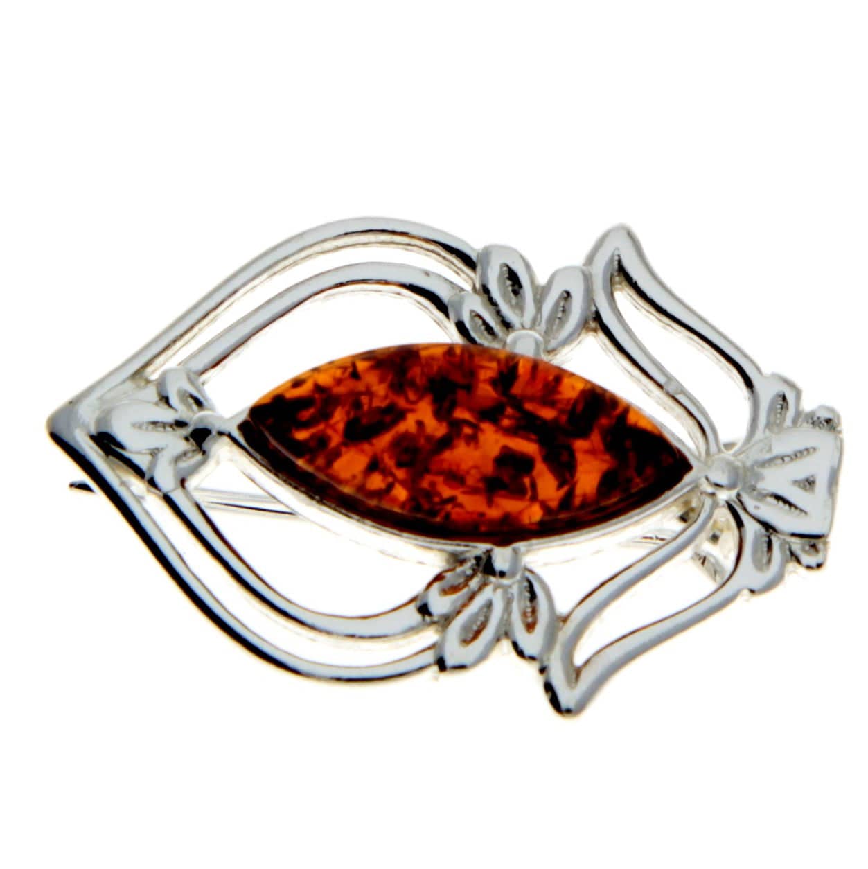 925 Sterling Silver & Genuine Baltic Amber Classic Brooch - M820