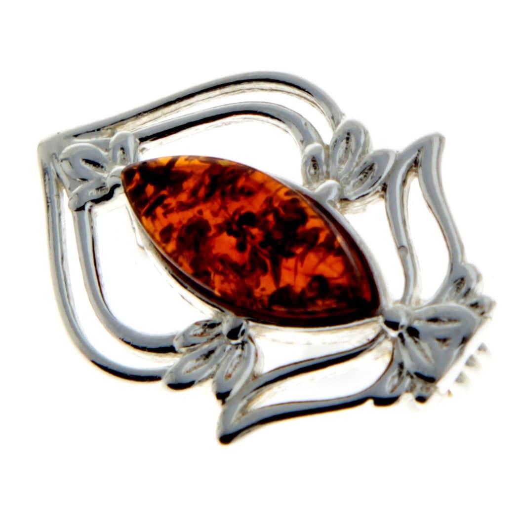 925 Sterling Silver & Genuine Baltic Amber Classic Brooch - M820