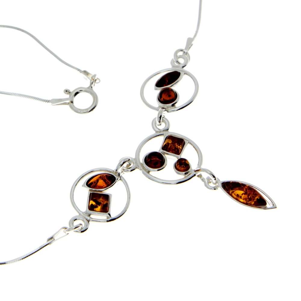 925 Sterling Silver & Genuine Baltic Amber Multi Stones Modern Necklace - M912