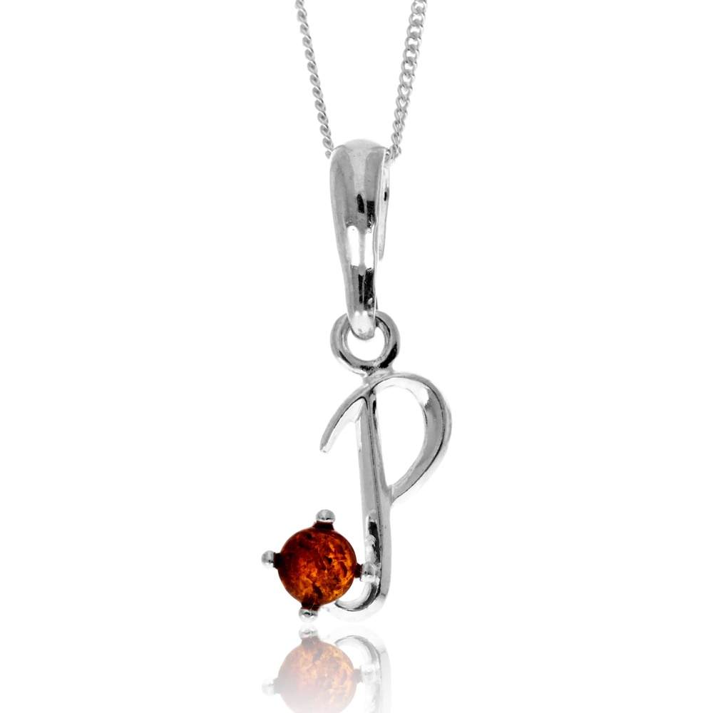 925 Sterling Silver & Genuine Baltic Amber Initials Alphabet Letters Pendant - AP