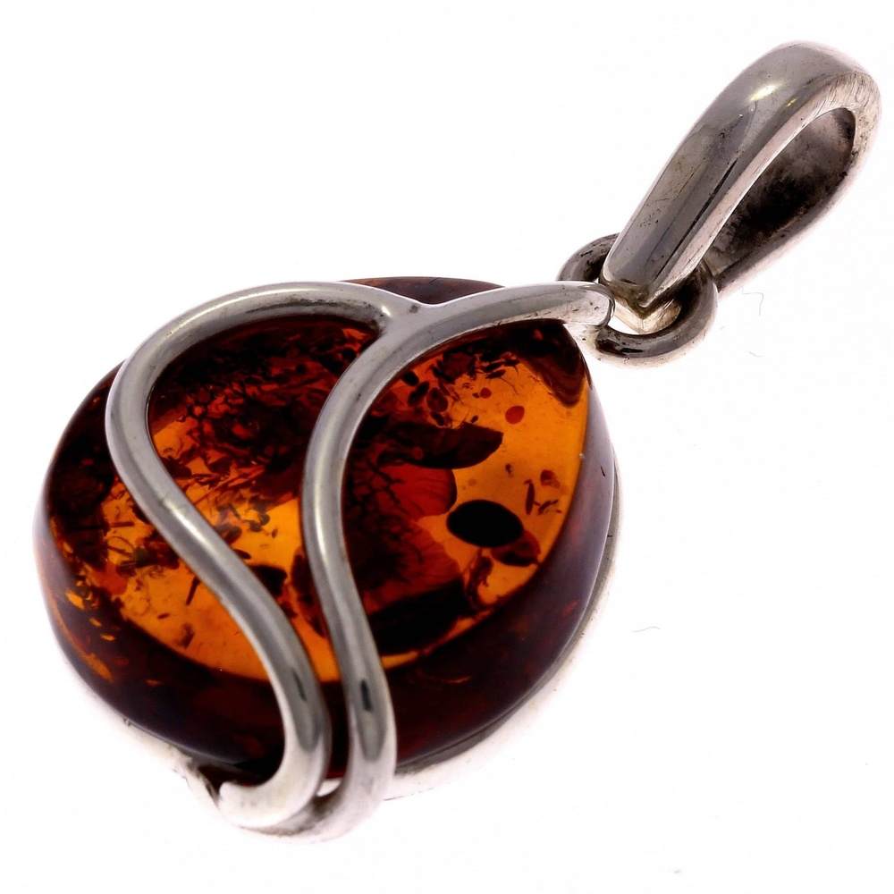 925 Sterling Silver & Genuine Cognac Baltic Amber Exlusive Unique Pendant - PD1772
