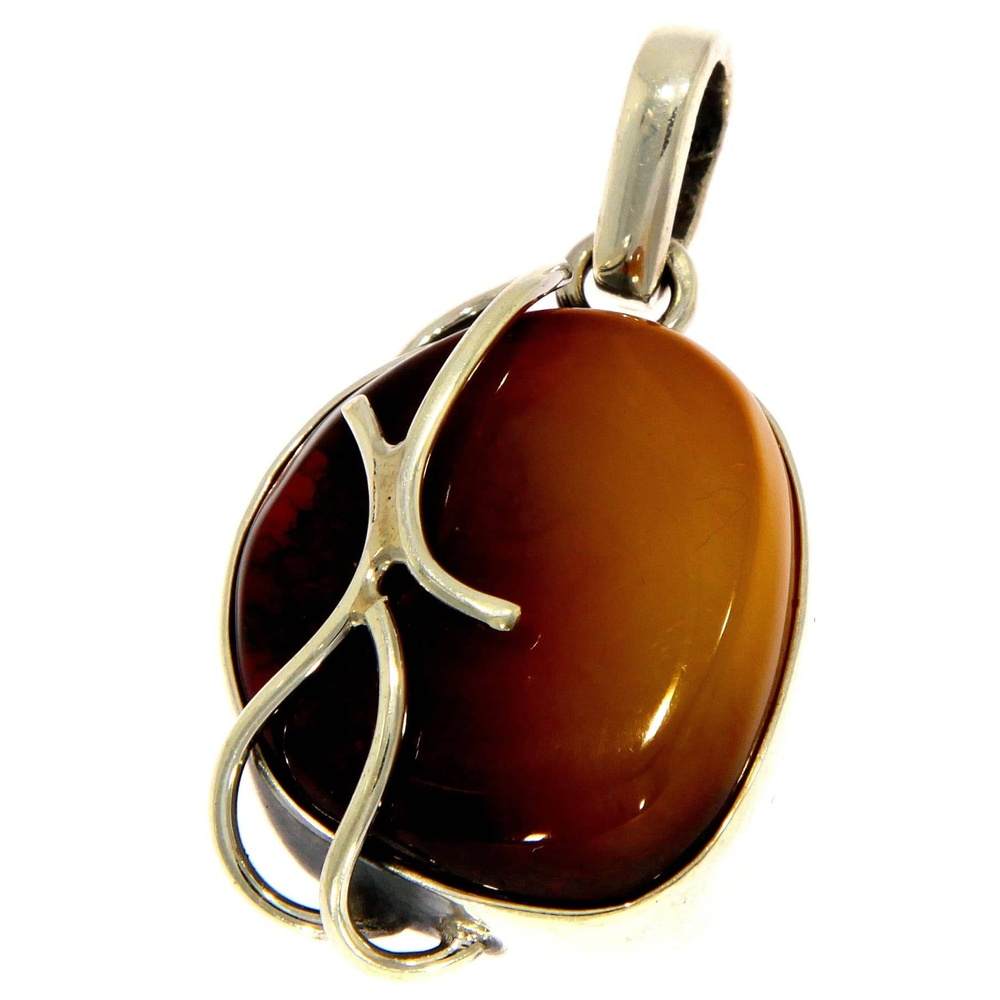 925 Sterling Silver & Genuine Green Baltic Amber Exlusive Unique Pendant - PD1915