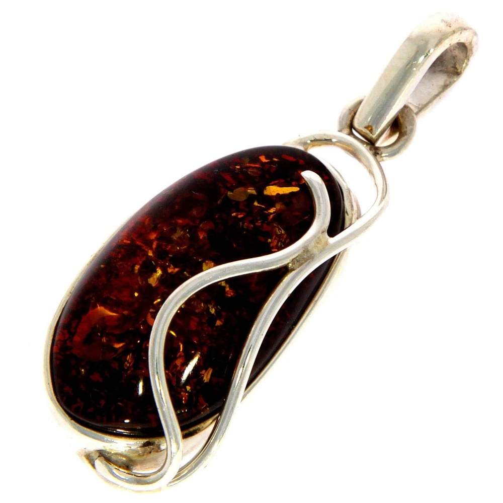 925 Sterling Silver & Genuine Cognac Baltic Amber Exlusive Unique Pendant - PD1916