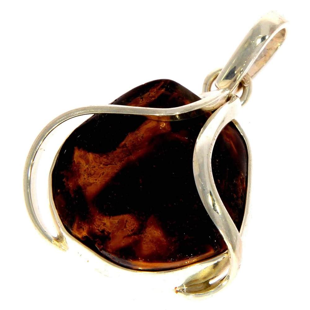 925 Sterling Silver & Genuine Cognac Baltic Amber Exlusive Unique Pendant - PD1945