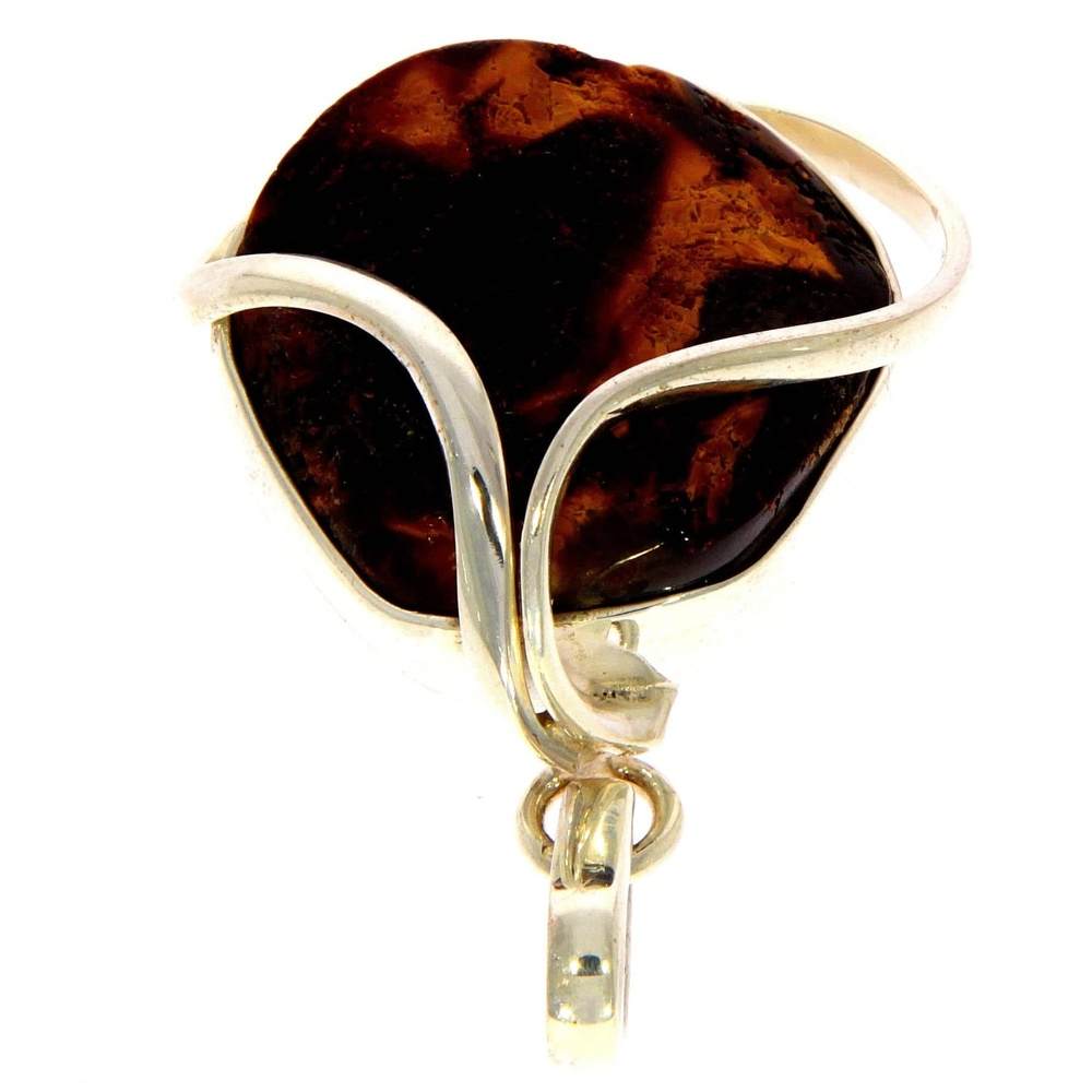 925 Sterling Silver & Genuine Cognac Baltic Amber Exlusive Unique Pendant - PD1945