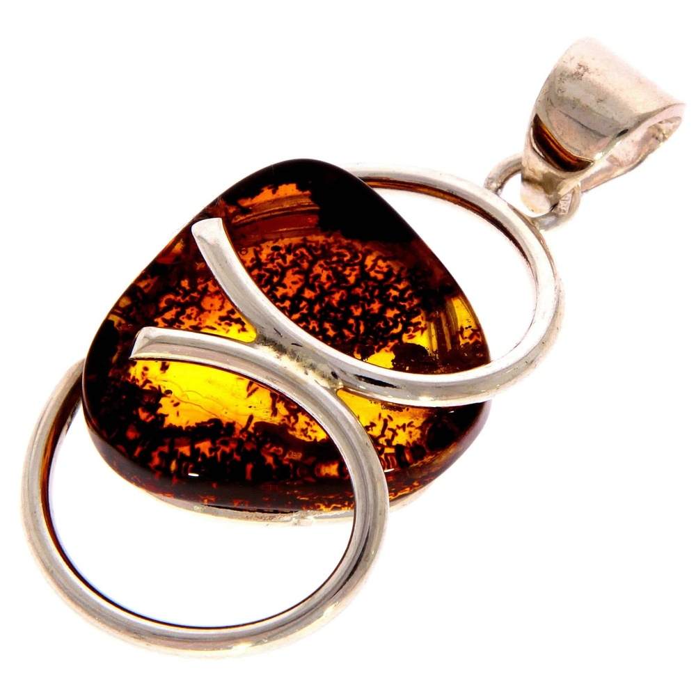 925 Sterling Silver & Genuine Cognac Baltic Amber Exlusive Unique Pendant - PD1977
