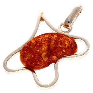 925 Sterling Silver & Genuine Cognac Baltic Amber Exlusive Unique Pendant - PD1985