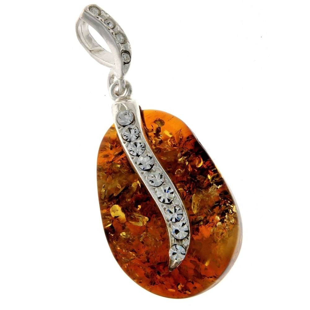 925 Sterling Silver & Genuine Cognac Baltic Amber Exclusive Unique Pendant with Cubic Zirconia stones - PD2077