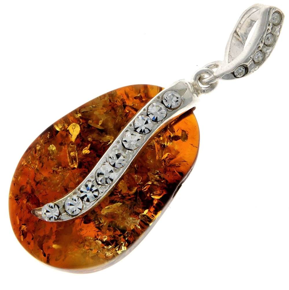 925 Sterling Silver & Genuine Cognac Baltic Amber Exclusive Unique Pendant with Cubic Zirconia stones - PD2077