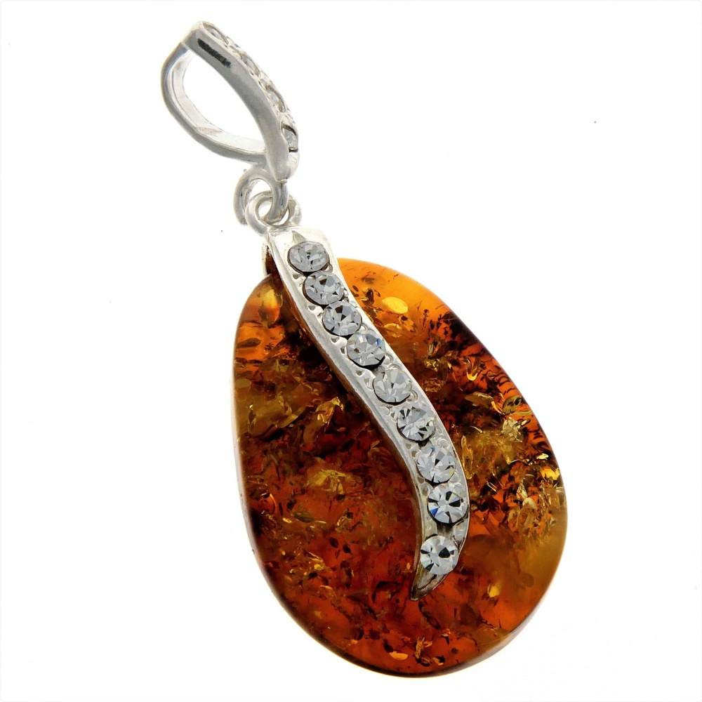 925 Sterling Silver & Genuine Cognac Baltic Amber Exclusive Unique Pendant with Cubic Zirconia stones - PD2077