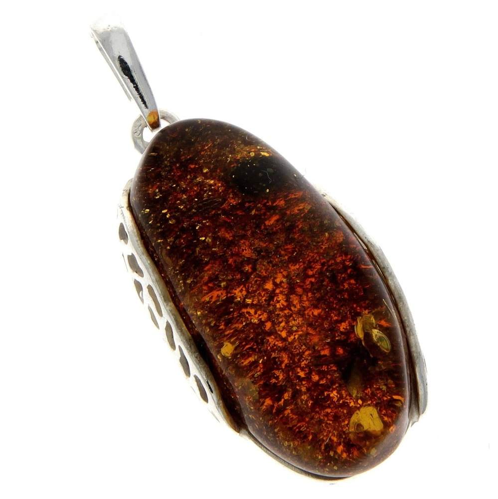 925 Sterling Silver & Genuine Green Baltic Amber Exlusive Unique Pendant - PD2082