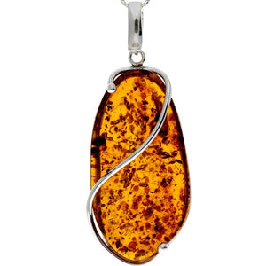 925 Sterling Silver & Genuine Cognac Baltic Amber Exlusive Unique Pendant - PD2157