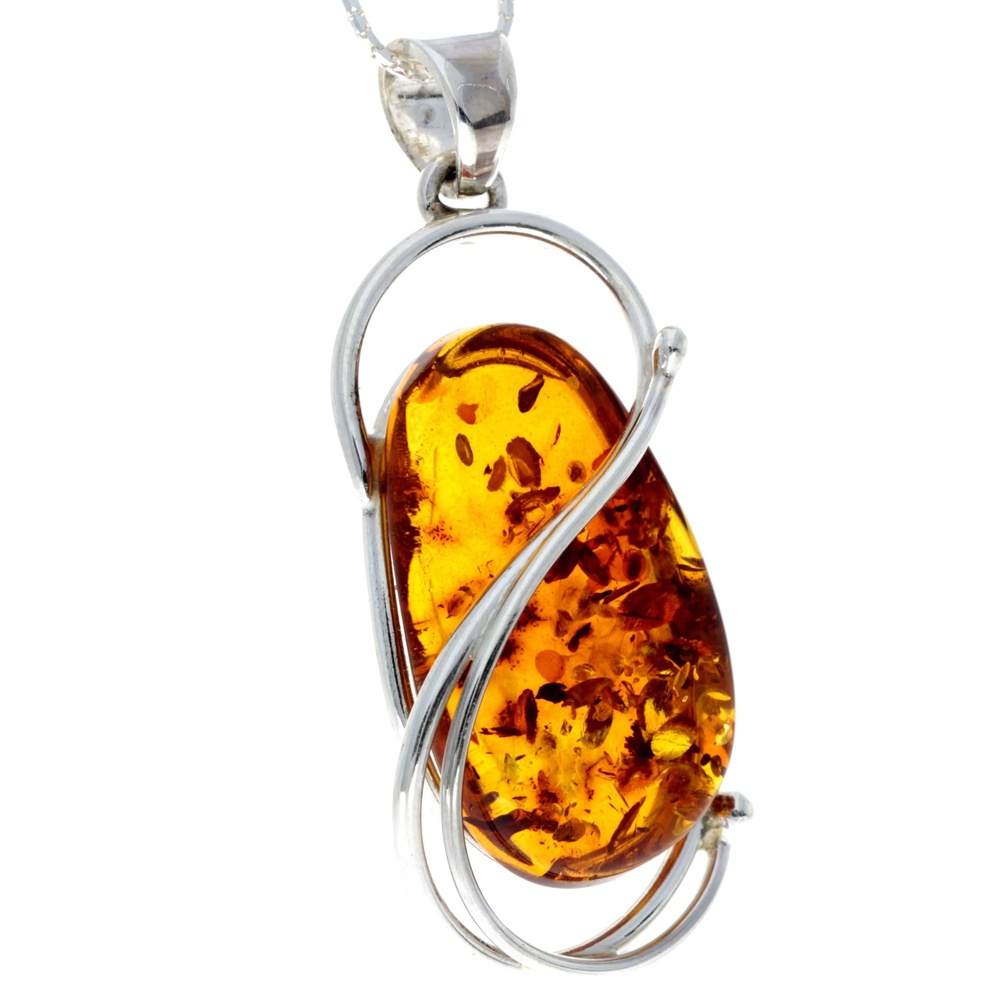 925 Sterling Silver & Genuine Cognac Baltic Amber Exlusive Unique Pendant - PD2160