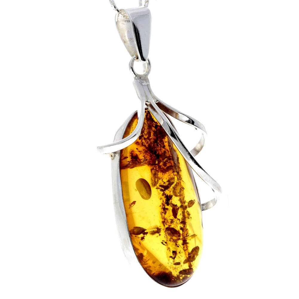 925 Sterling Silver & Genuine Cognac Baltic Amber Exlusive Unique Pendant - PD2163