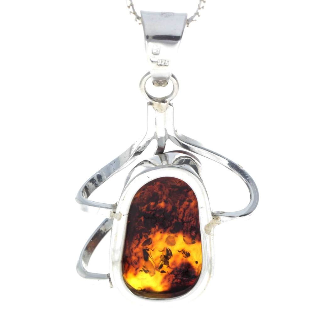 925 Sterling Silver & Genuine Cognac Baltic Amber Exlusive Unique Pendant - PD2167