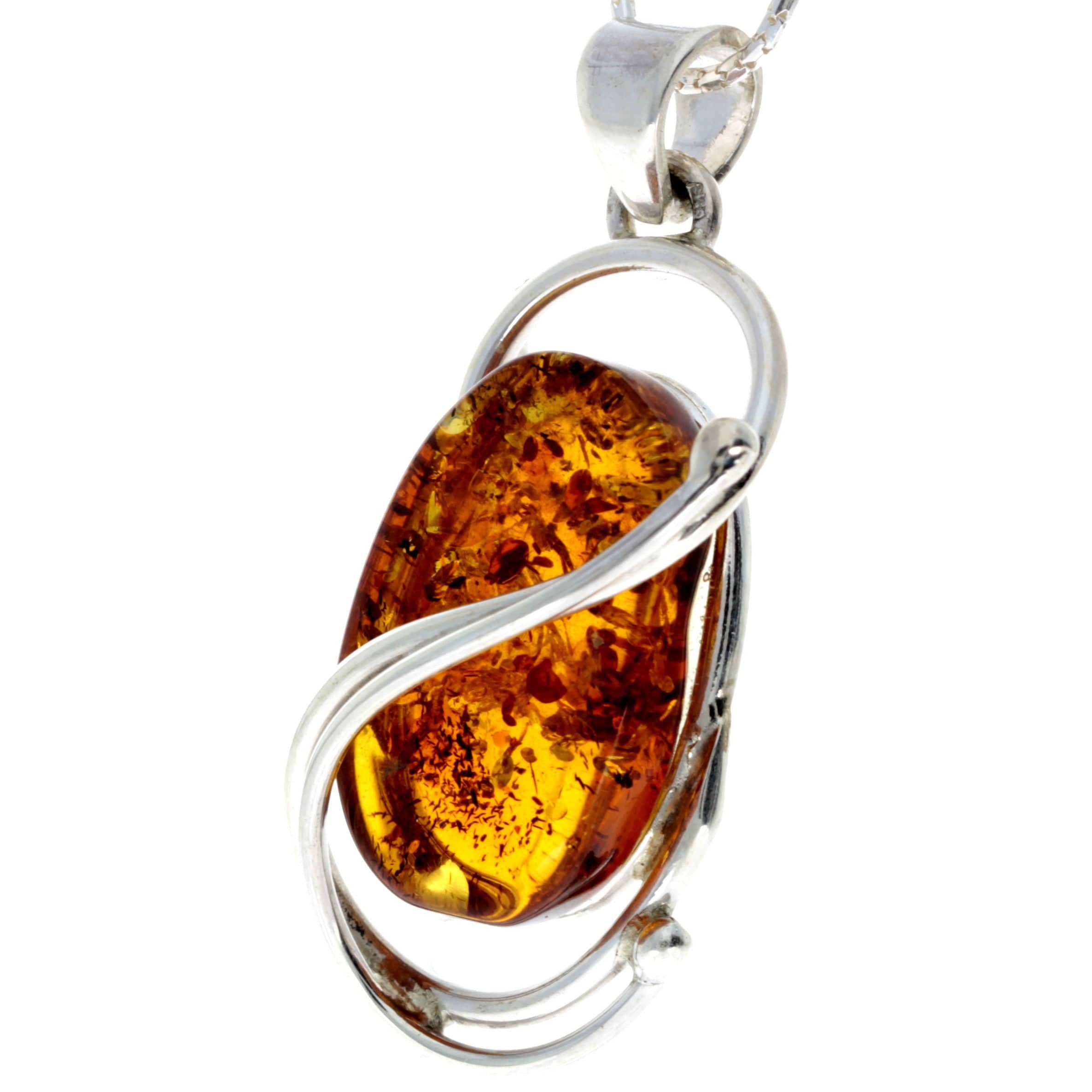 925 Sterling Silver & Genuine Cognac Baltic Amber Exlusive Unique Pendant - PD2183