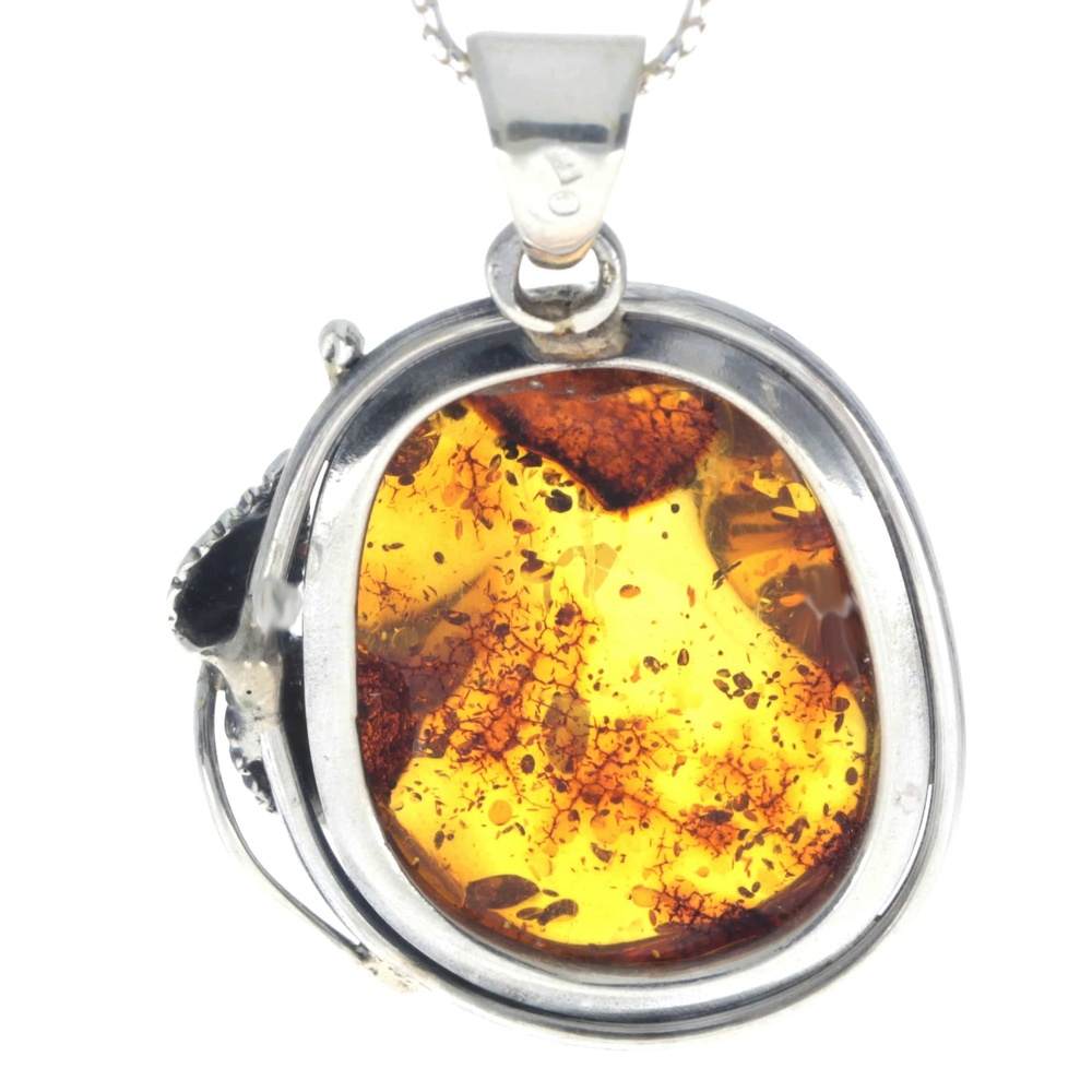 925 Sterling Silver & Genuine Cognac Baltic Amber Exlusive Unique Pendant - PD2216