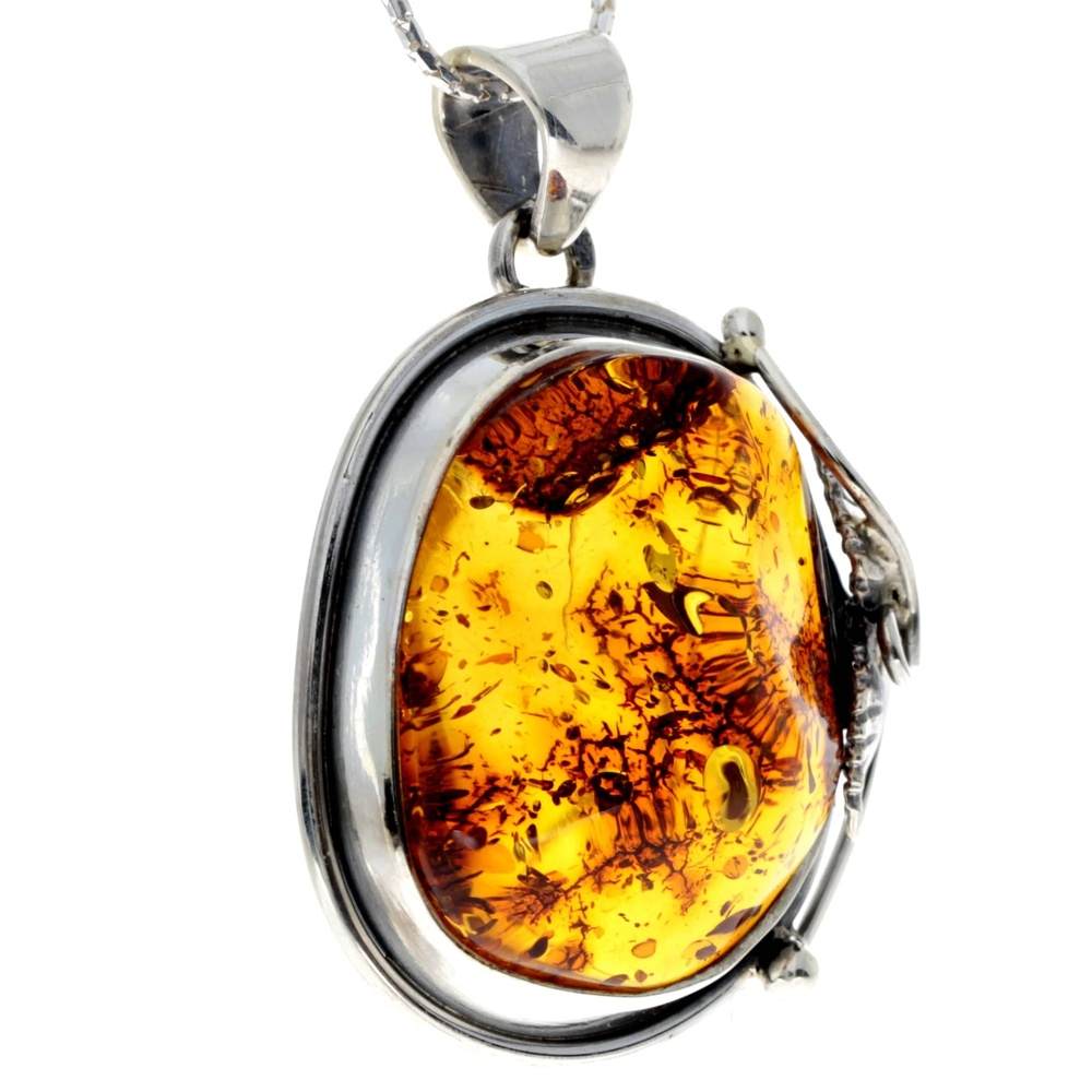 925 Sterling Silver & Genuine Cognac Baltic Amber Exlusive Unique Pendant - PD2216