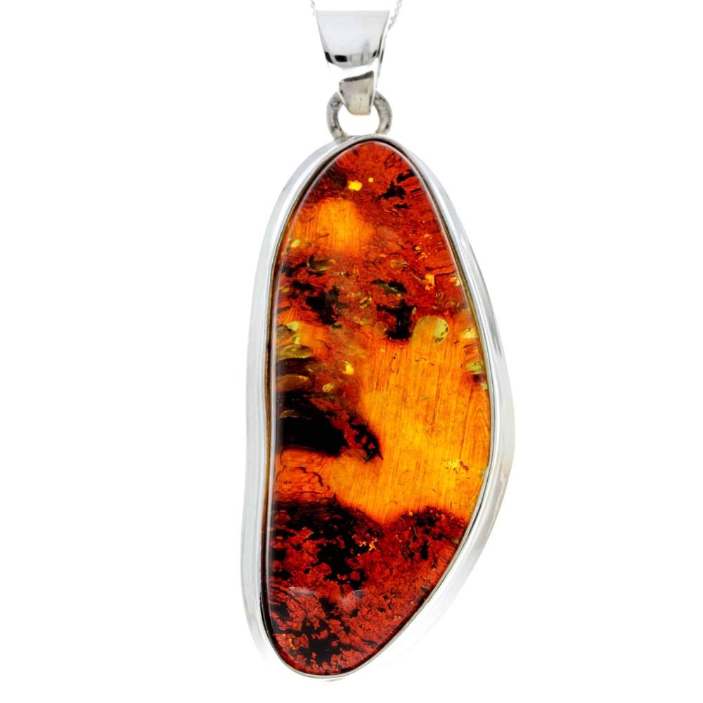 925 Sterling Silver & Genuine Green Baltic Amber Exlusive Unique Pendant - PD2229